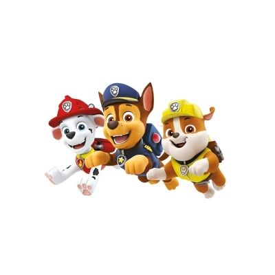 Três cães animados coloridos em uniformes de cores vermelha, azul e amarela