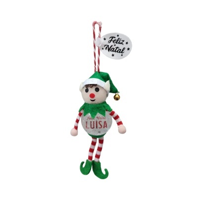 Enfeite de Natal duende com chapéu verde, bola transparente e pernas às riscas vermelhas e brancas