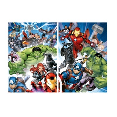 Ilustração de super-heróis Marvel com Hulk, Homem de Ferro, Capitão América e Thor em fundo azul