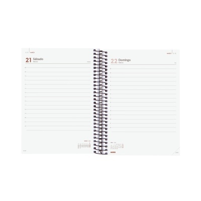 Agenda semanal aberta em caderno espiral com folhas brancas pautadas e datas 21 e 22 em português.