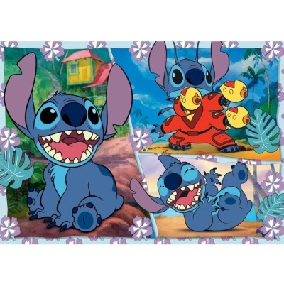 Imagem de três Stitchs em diferentes poses com flores lilás e folhas verdes ao fundo