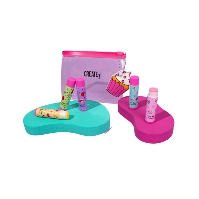 Conjunto de batons hidratantes coloridos e bolsa transparente rosa CREATE it.