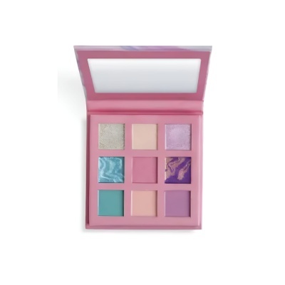 Paleta de sombras com 9 cores variadas em embalagem rosa com espelho