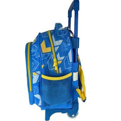 Mochila de rodinhas azul com padrões geométricos amarelos e brancos