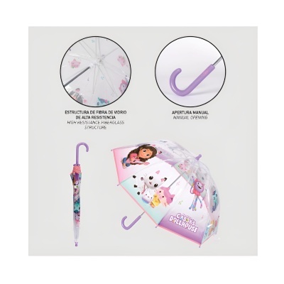 Guarda-chuva infantil transparente com personagens coloridos e punho lilás.
