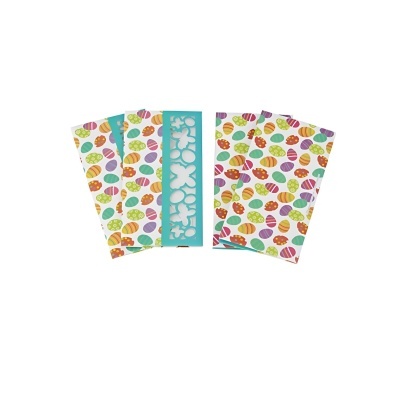 Cartões com padrão colorido de ovos de Páscoa e régua de stencil azul