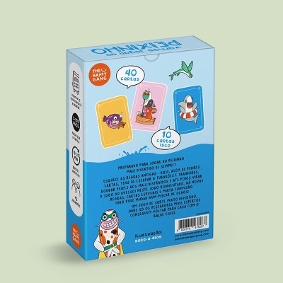 Caixa de jogo de cartas com ilustrações de peixes em fundo azul claro.