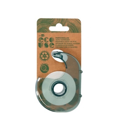 Dispensador de fita adesiva transparente com base cinzenta em embalagem de cartão castanho