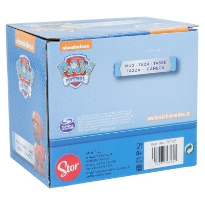 Caixa azul de cartão do produto Paw Patrol com texto e código de barras