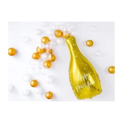 Bexiga dourada em forma de garrafa com texto, rodeada por bolas brancas e douradas