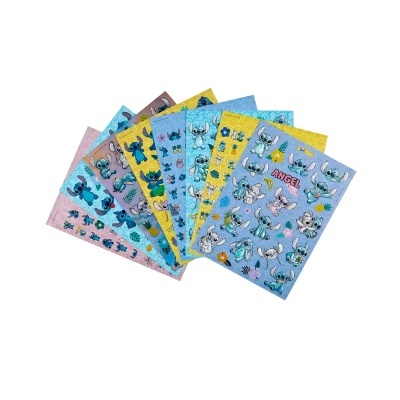 conjunto de autocolantes coloridos com personagens Stitch em fundo azul, amarelo e rosa