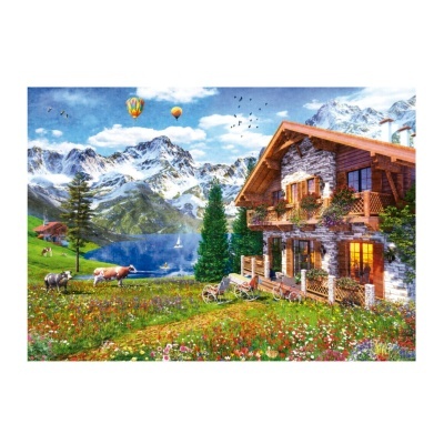 Casa de campo em pedra com paisagem montanhosa e flores