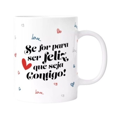 Caneca branca com texto e corações coloridos
