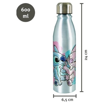 Garrafa metálica prateada com ilustração colorida