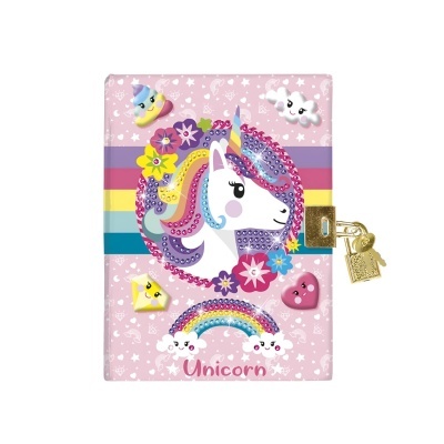 Diário rosa com capa de unicórnio e cadeado dourado