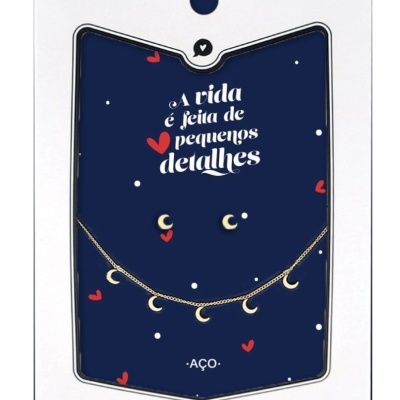 Conjunto colar e brincos luas - aço dourado “A vida é feita de pequenos detalhes” | Noa Story