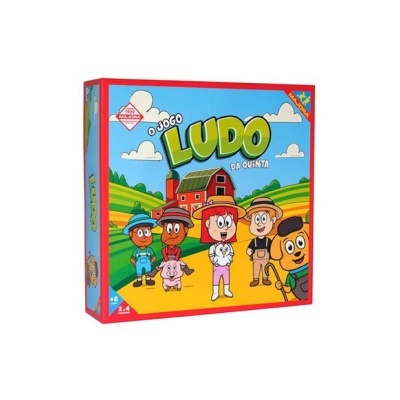 Caixa do jogo de tabuleiro O JOGO LUDO DA QUINTA com personagens de quinta desenhados em cor vívida