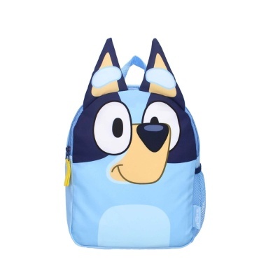 Mochila azul clara com rosto de cão animado e orelhas 3D