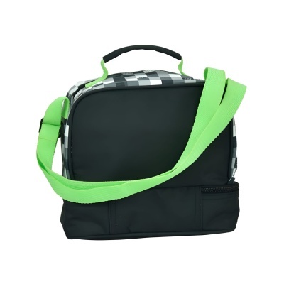 Bolsa preta com padrão xadrez cinza e branco e alça verde-neon