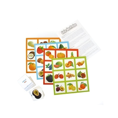 Jogo de cartas Loto de Frutas com várias cartas ilustradas de frutas e um folheto explicativo.