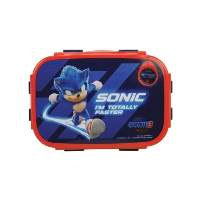 Marmita infantil azul e vermelha com imagem do Sonic e texto promocional