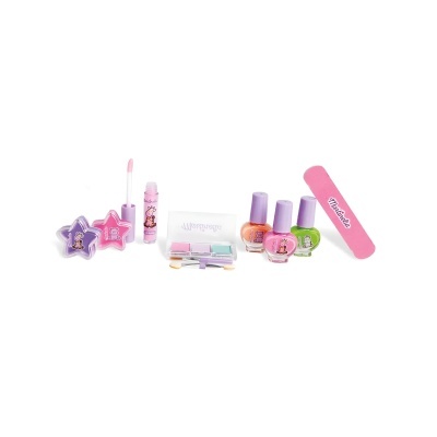 Conjunto infantil de cosméticos com vernizes, paleta de sombras, batons em embalagem de estrela e lima de unhas