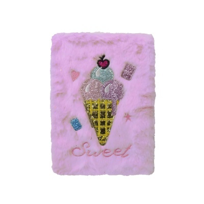 Caderno com capa peluda rosa e bordado brilhante de gelado e texto SWEET