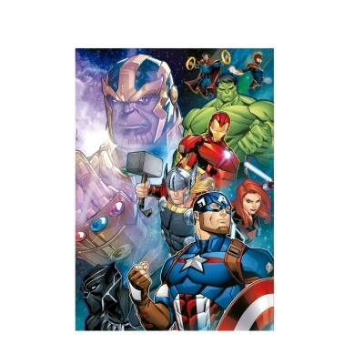 Cartaz ilustrado dos super-heróis Marvel com fundo espacial.