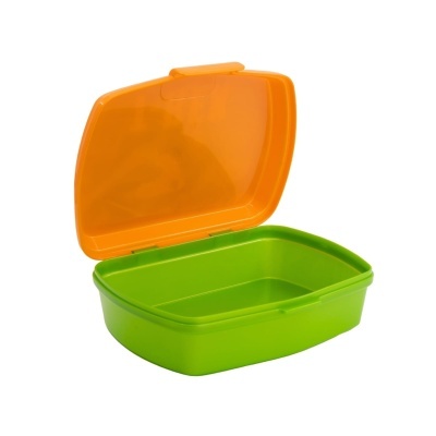 Caixa plástica retangular verde com tampa laranja