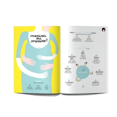 Livro aberto com ilustração colorida e texto em português.