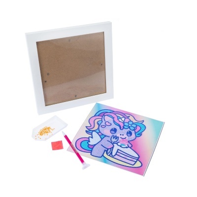 Kit quadro com imagem de unicórnio, pincel e pedrinhas para aplicação