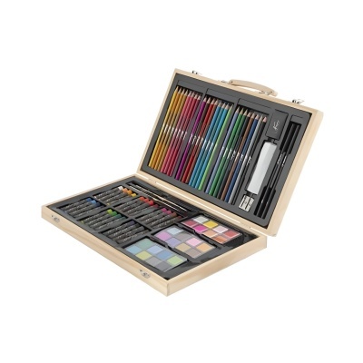 Estojo de madeira com materiais artísticos coloridos dentro