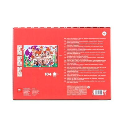 Embalagem vermelha de puzzle de 104 peças com ilustração colorida e texto informativo