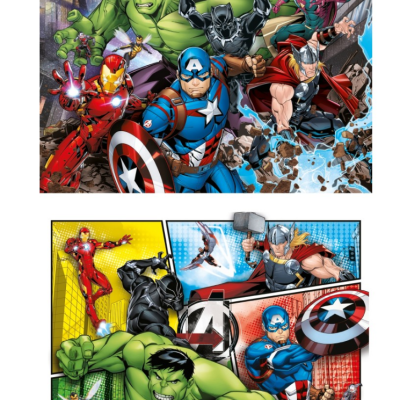 Arte colorida dos super-heróis Avengers em fundo urbano e estilo banda desenhada.