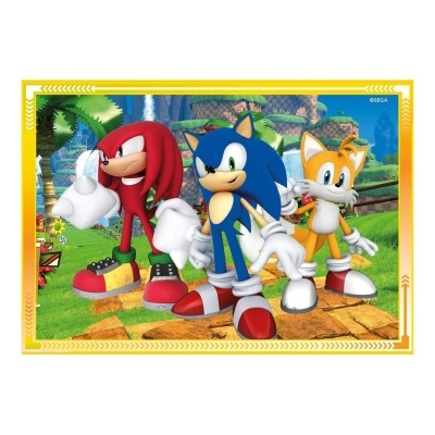 Personagens animados Knuckles, Sonic e Tails com borda amarela e fundo de parque verde