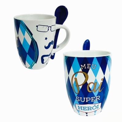 Caneca cerâmica com colher "Meu Pai Super Herói"