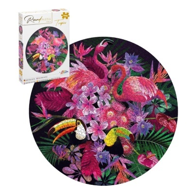Quebra-cabeças redondo com flamingos, tucanos e flores tropicais coloridas