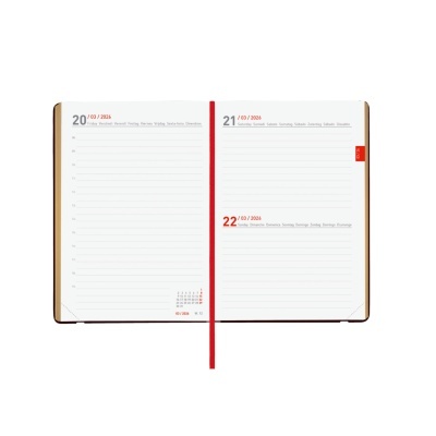 Agenda semanal aberta com páginas detalhadas em linhas e datações vermelhas
