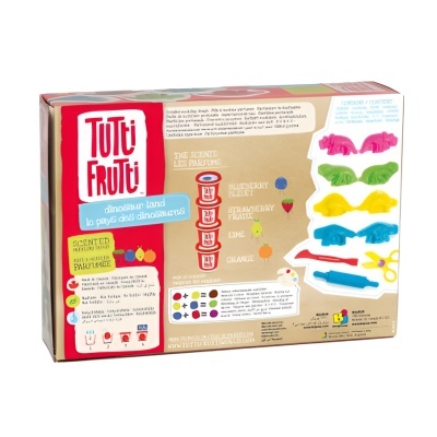 Kit Tutti Frutti Dinosaur Land com moldes de dinossauros coloridos e recipientes de fragrâncias