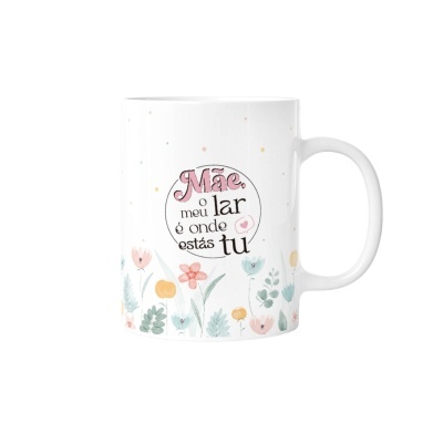 Caneca branca com texto e padrão floral colorido.