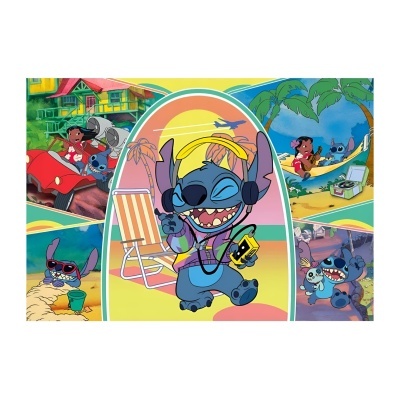 Imagem colorida do personagem Stitch em várias atividades na praia