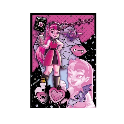 Ilustração de personagem Draculina com morcegos, frascos e teia de aranha em fundo rosa e preto