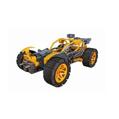 Veículo de brinquedo amarelo e preto com grandes pneus largos