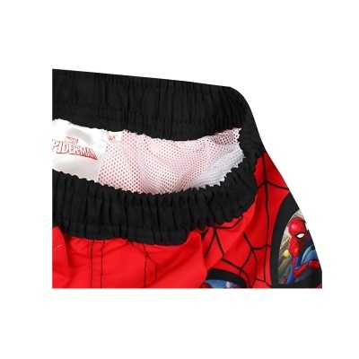 Calções de banho Homem-Aranha vermelhos e pretos com padrão de teia e interior em rede branca