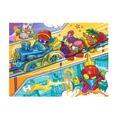 Ilustração animada com personagens em forma de alimentos e comboio azul colorido