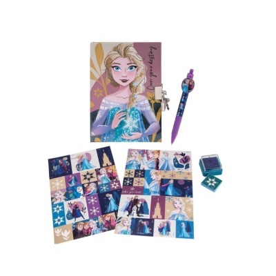 Material escolar da Frozen com caderno, caneta, autocolantes e carimbo azul