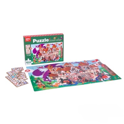 Puzzle de 104 peças com castelo e personagens, cartões de observação e embalagem