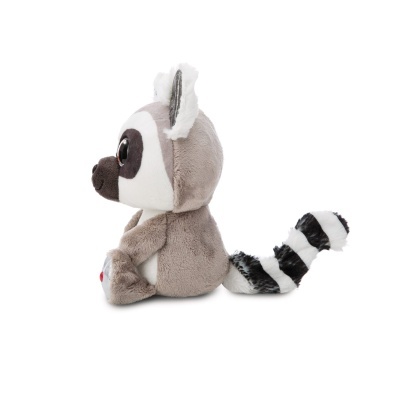 Pelúcia de lémure cinzenta com cauda listrada a preto e branco e olhos grandes