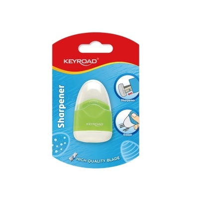 Apontador verde e branco KEYROAD em embalagem azul e vermelha