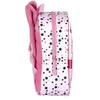 Mochila infantil rosa com padrão de estrelas e etiqueta vermelha